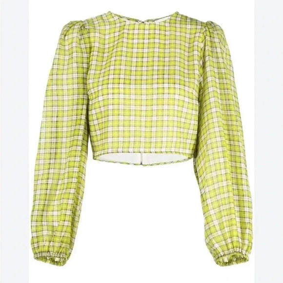 Ganni Womens 8 - 10 Yellow Plaid Organza Puffed Sleeve Cropped Top Blouse - Picture 3 of 15